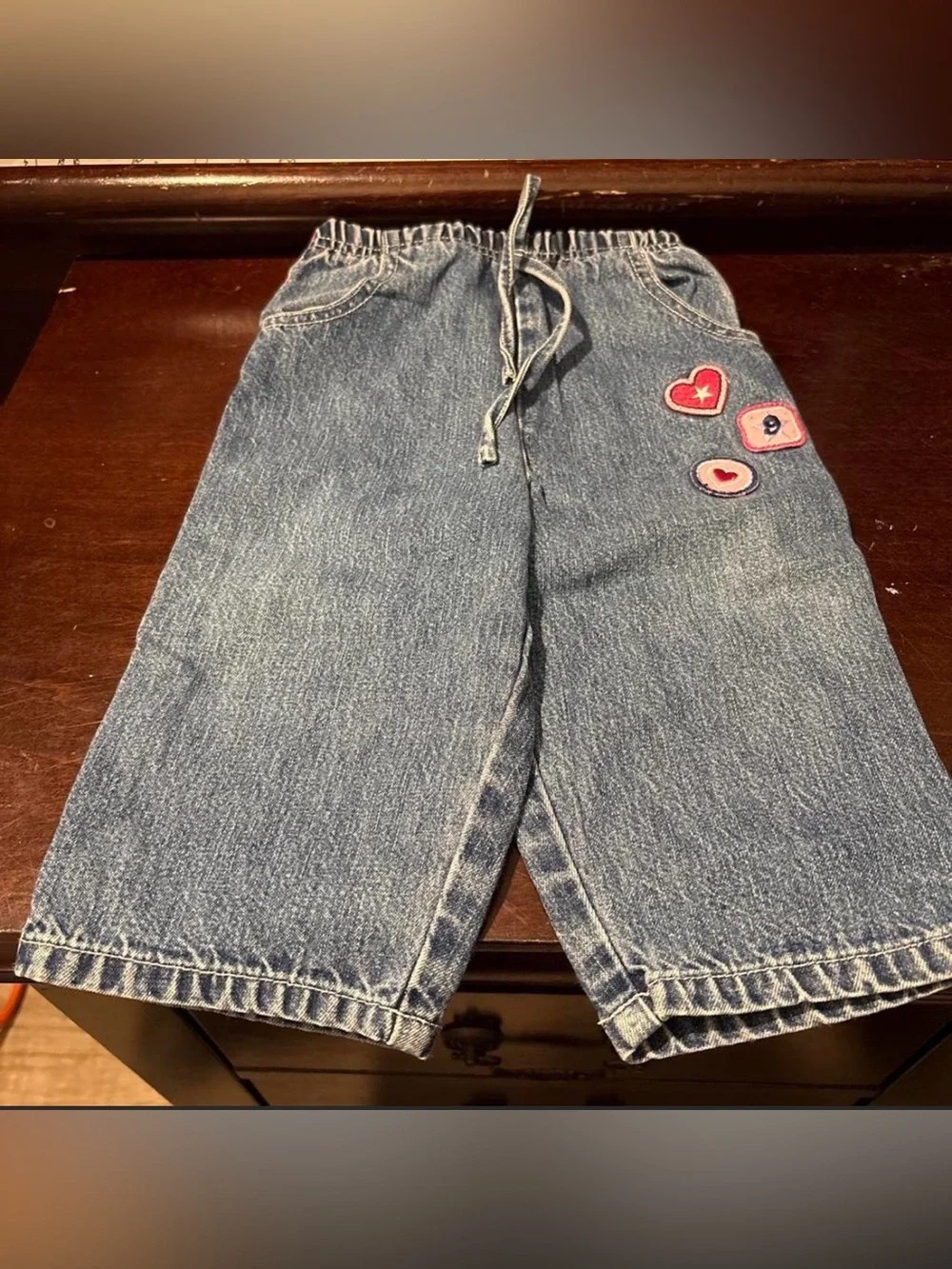 OshKosh B'gosh Blue Denim Drawstring Jeans with Heart Patches